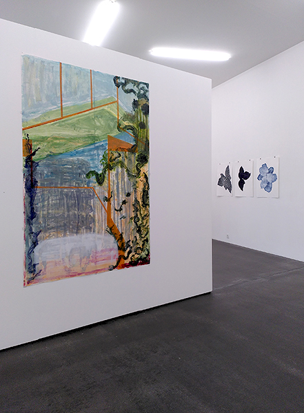 Ausstellungsansicht Impression: Landschaft #12 (Piercing the Layers), Monotypie auf Papier, 180 x 140cm, 2026